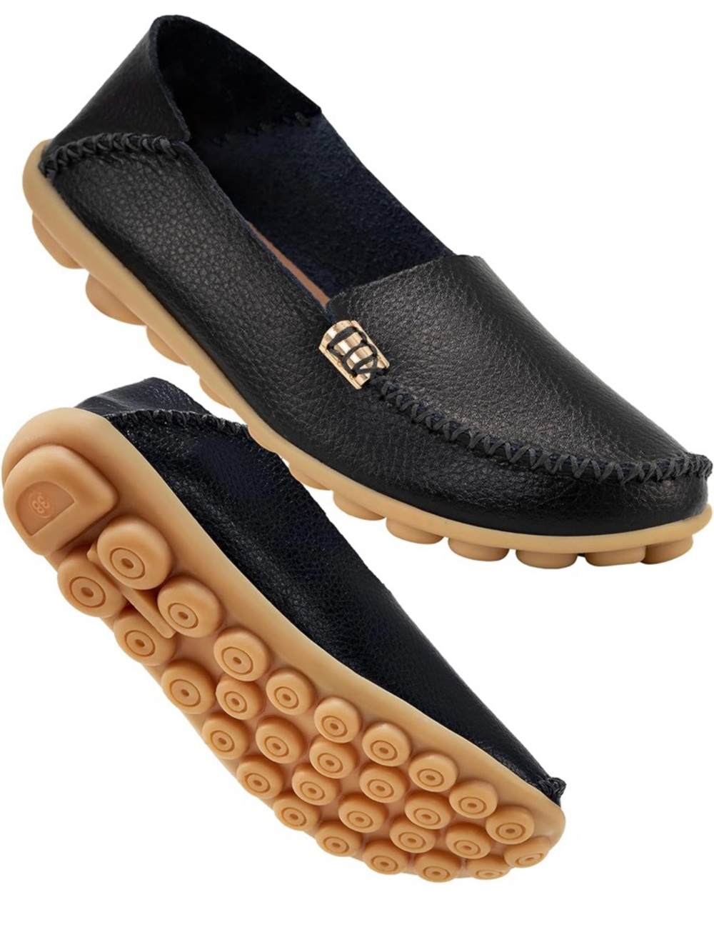 Amazon Black Faux Leather Slip-On Driving Loafers with Tan Rubber Sole